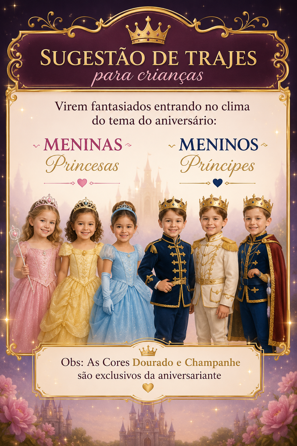Crianças vestidas de princesas e príncipes